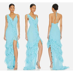 NBD Suki Gown in Blue Mermaid Ruffle Asymmetric Maxi Dress size XS $258msrp